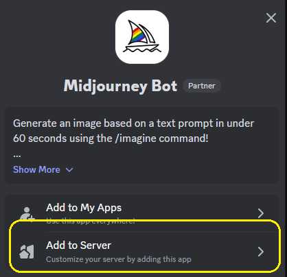 Discord add Midjourney bot to server